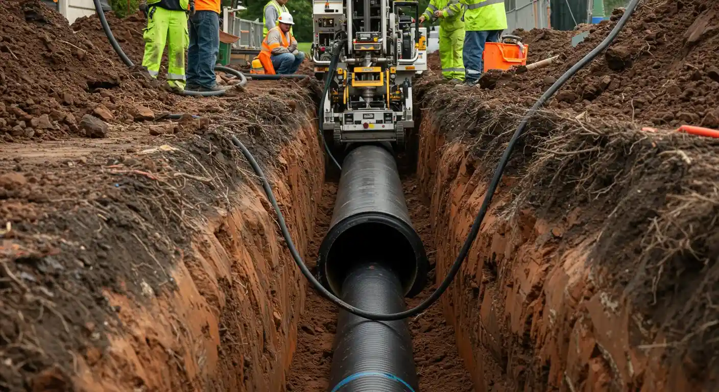 Large pipe being placed into trench.