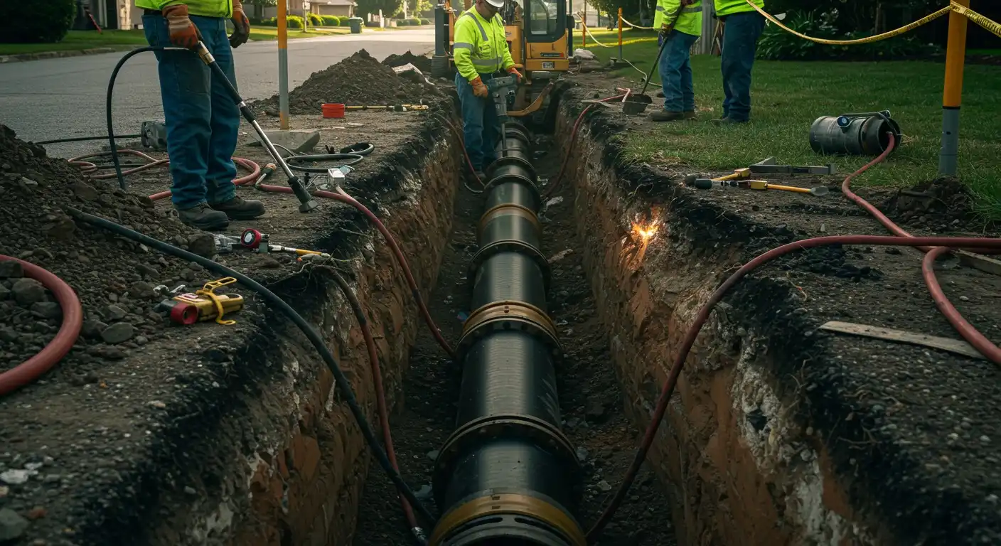 Workers securing underground street pipeline segments.