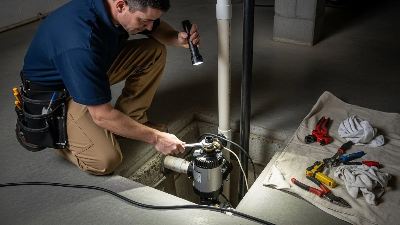 Plumber repairing a basement sump pump.