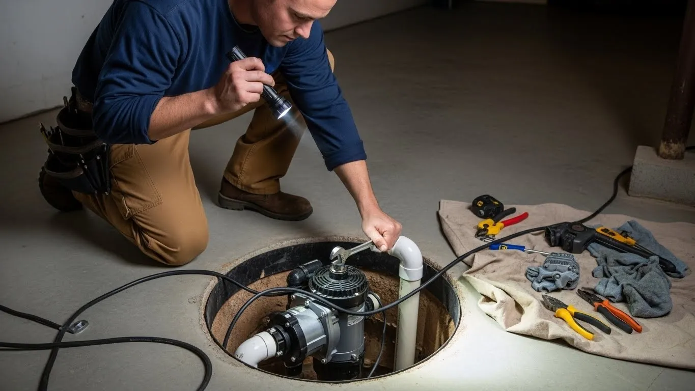 Technician repairing a basement sump pump.
