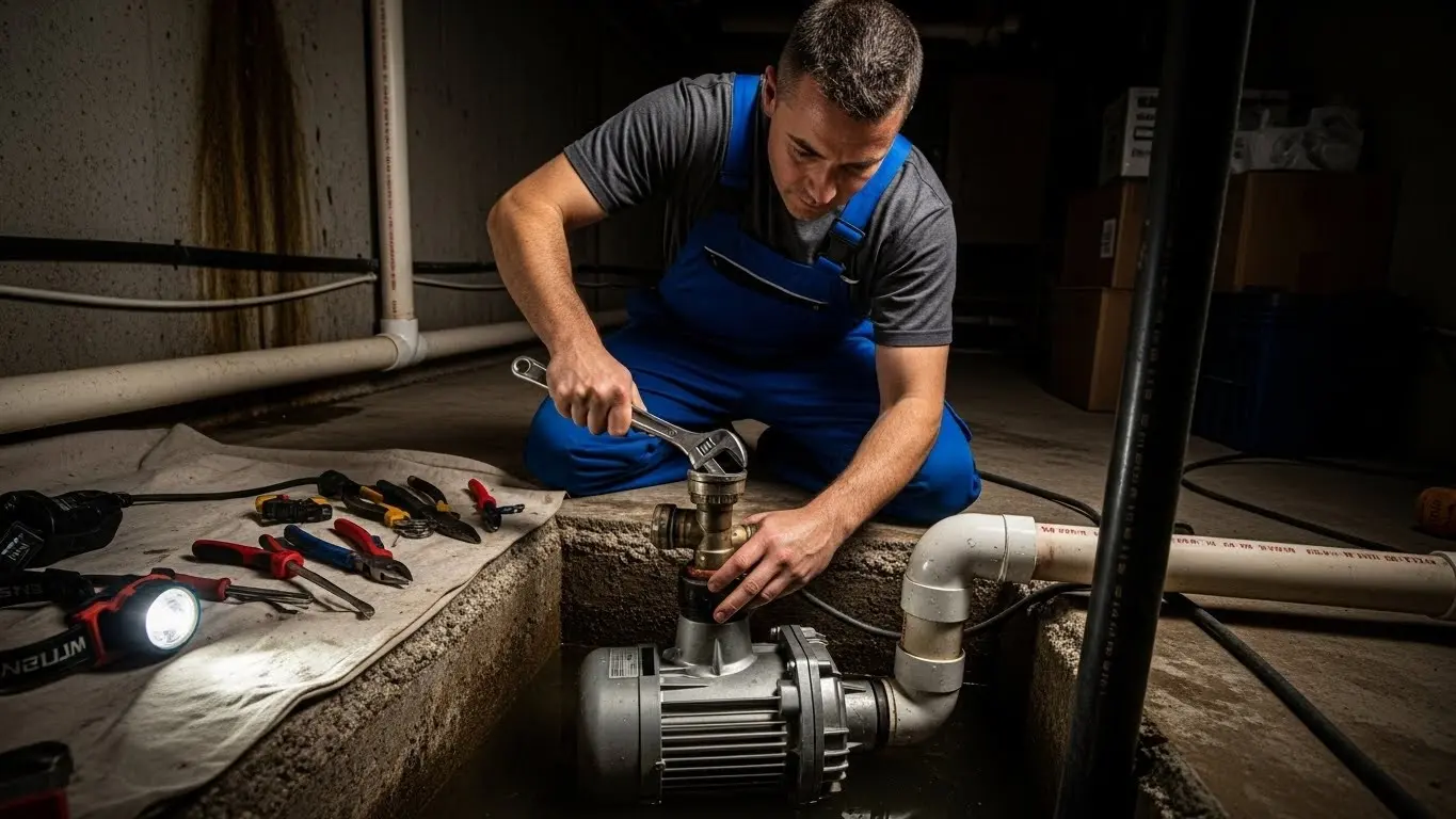 Plumber repairing basement sump pump.