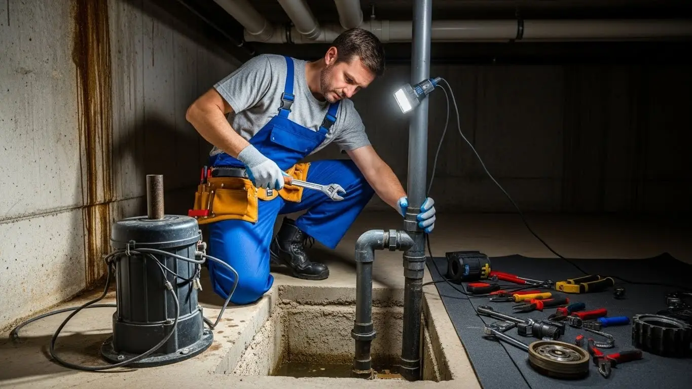 Plumber repairing basement sump pump.