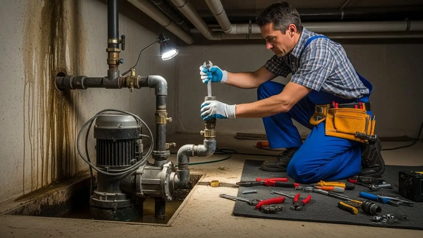 Plumber repairing basement sump pump.