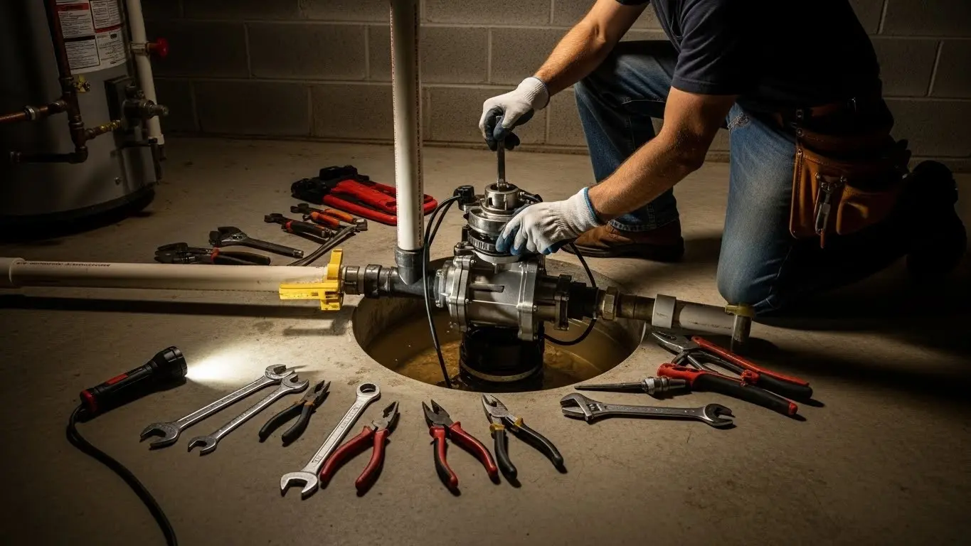 Plumber repairing basement sump pump.