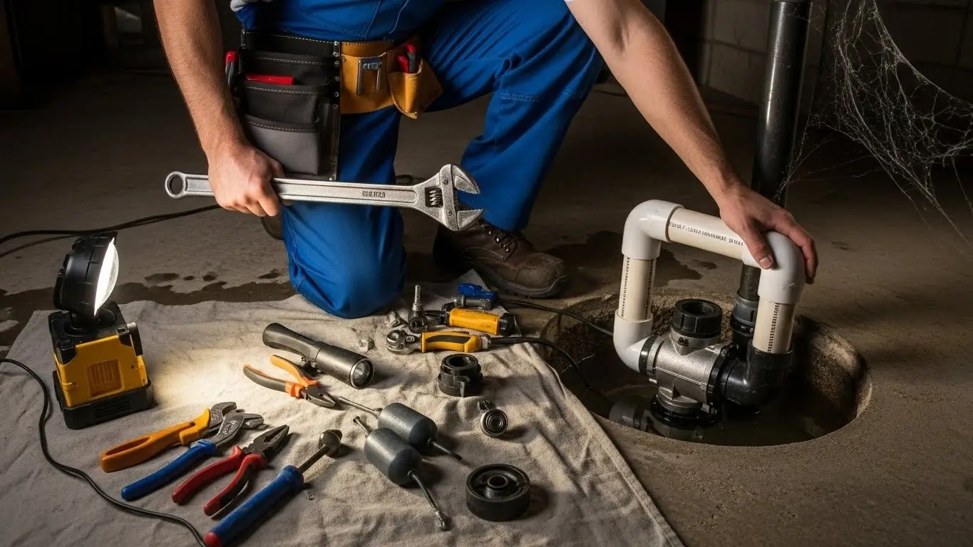 Plumber repairing basement sump pump.