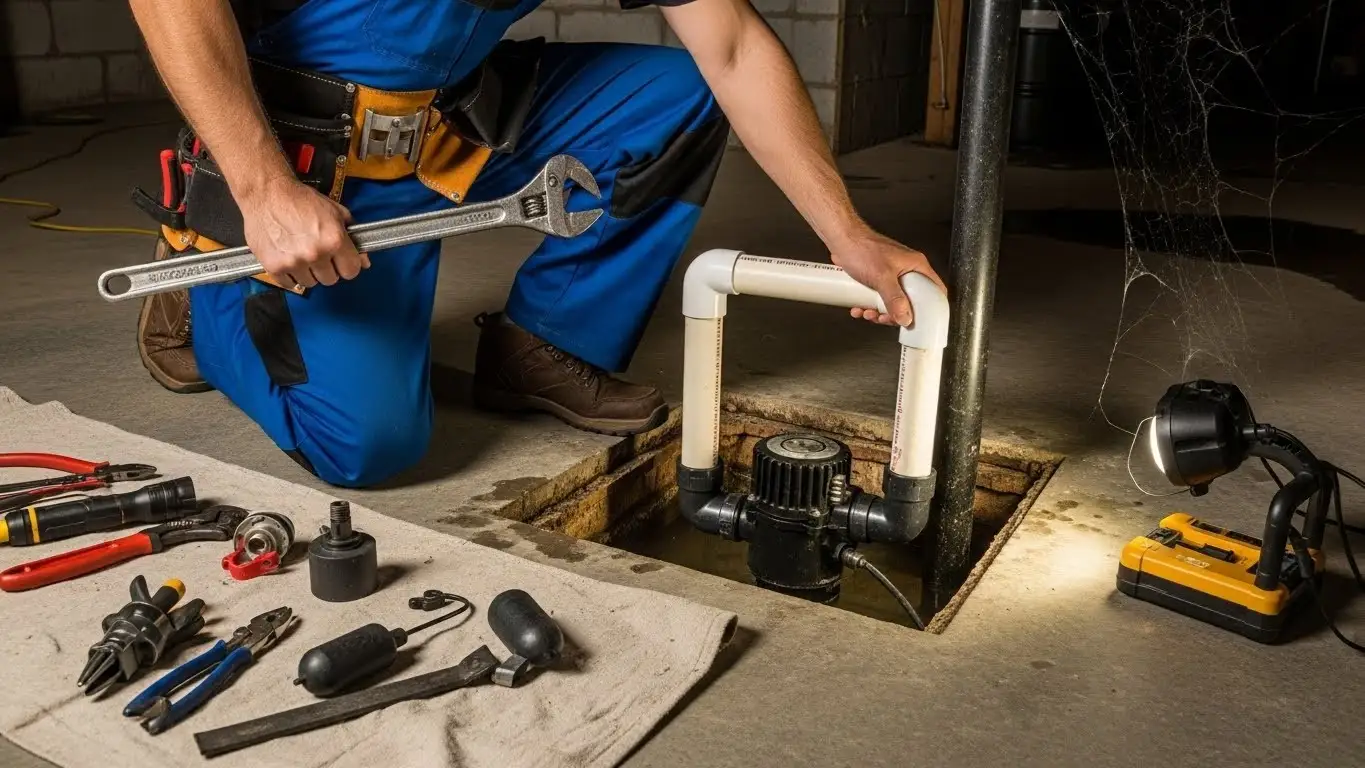Plumber repairing basement sump pump.