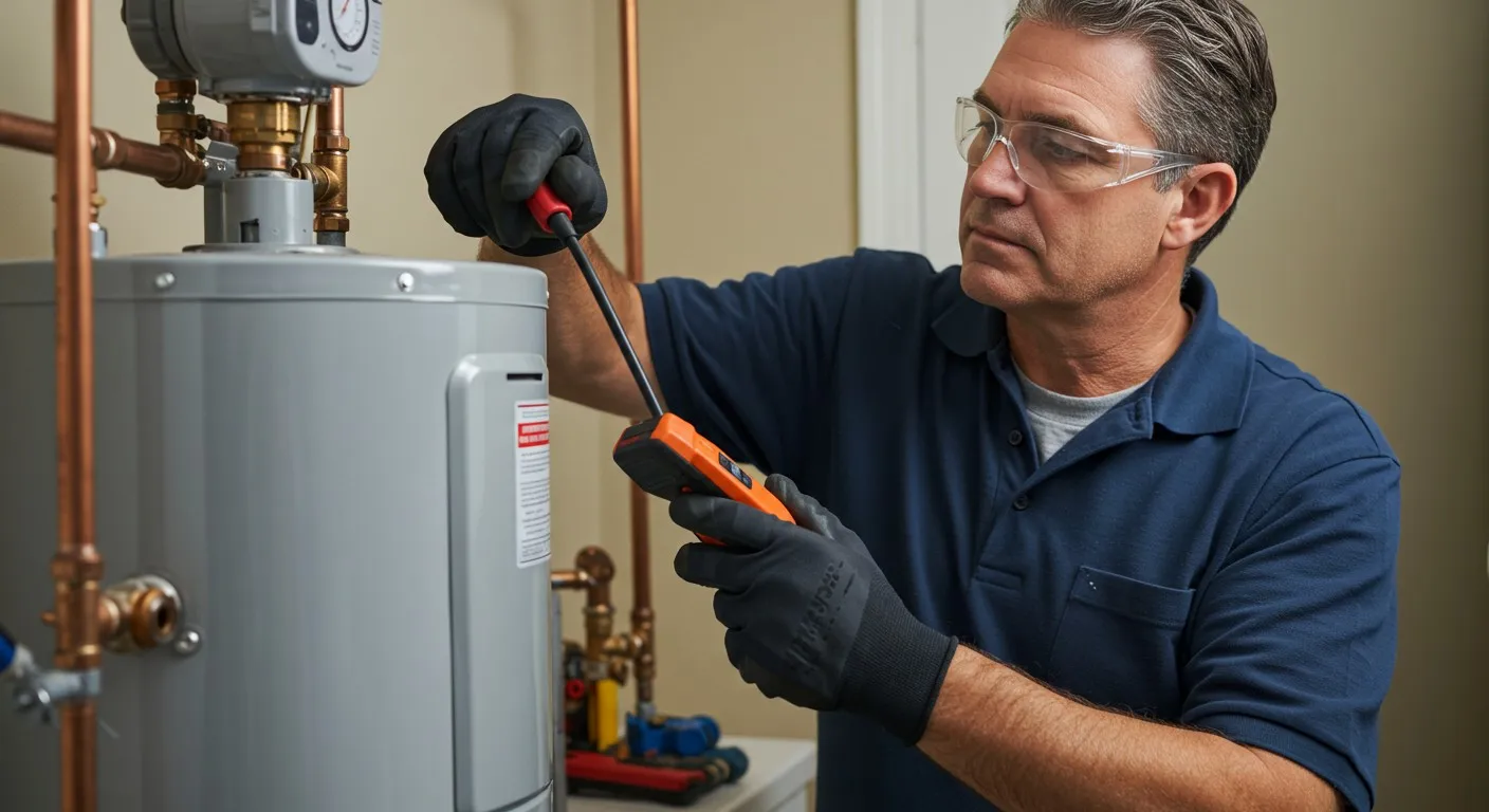 Technician testing water heater electrical components.