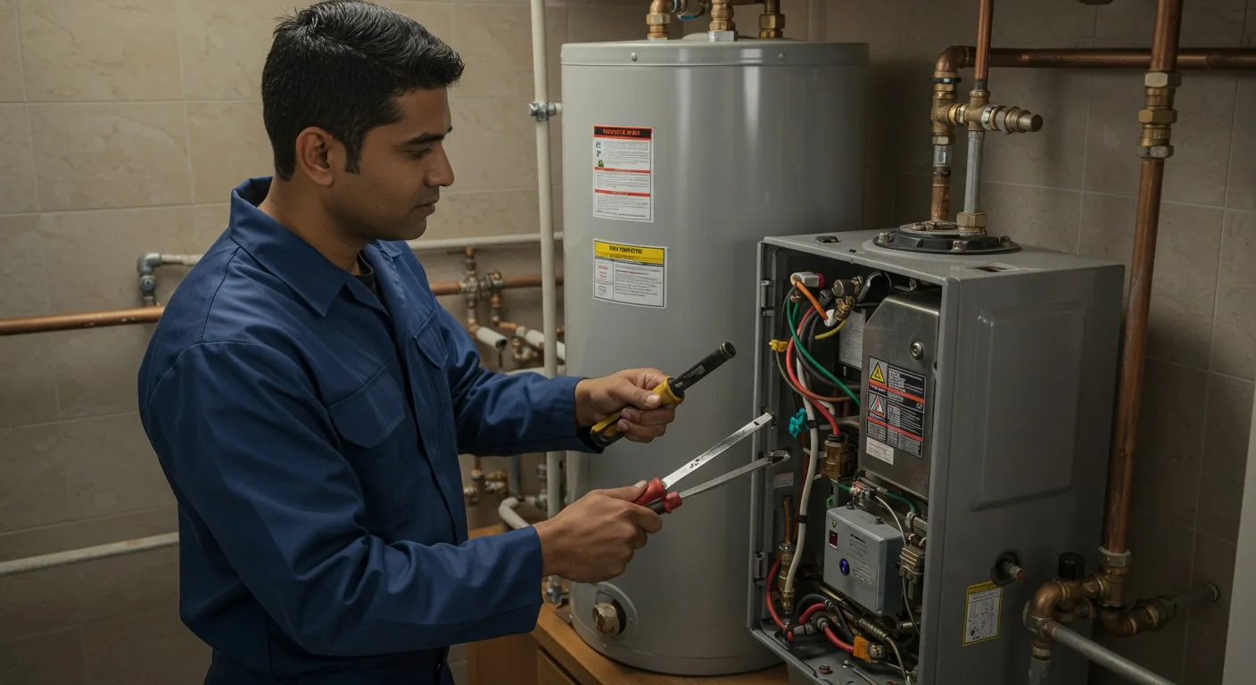 Technician testing water heater electrical components.