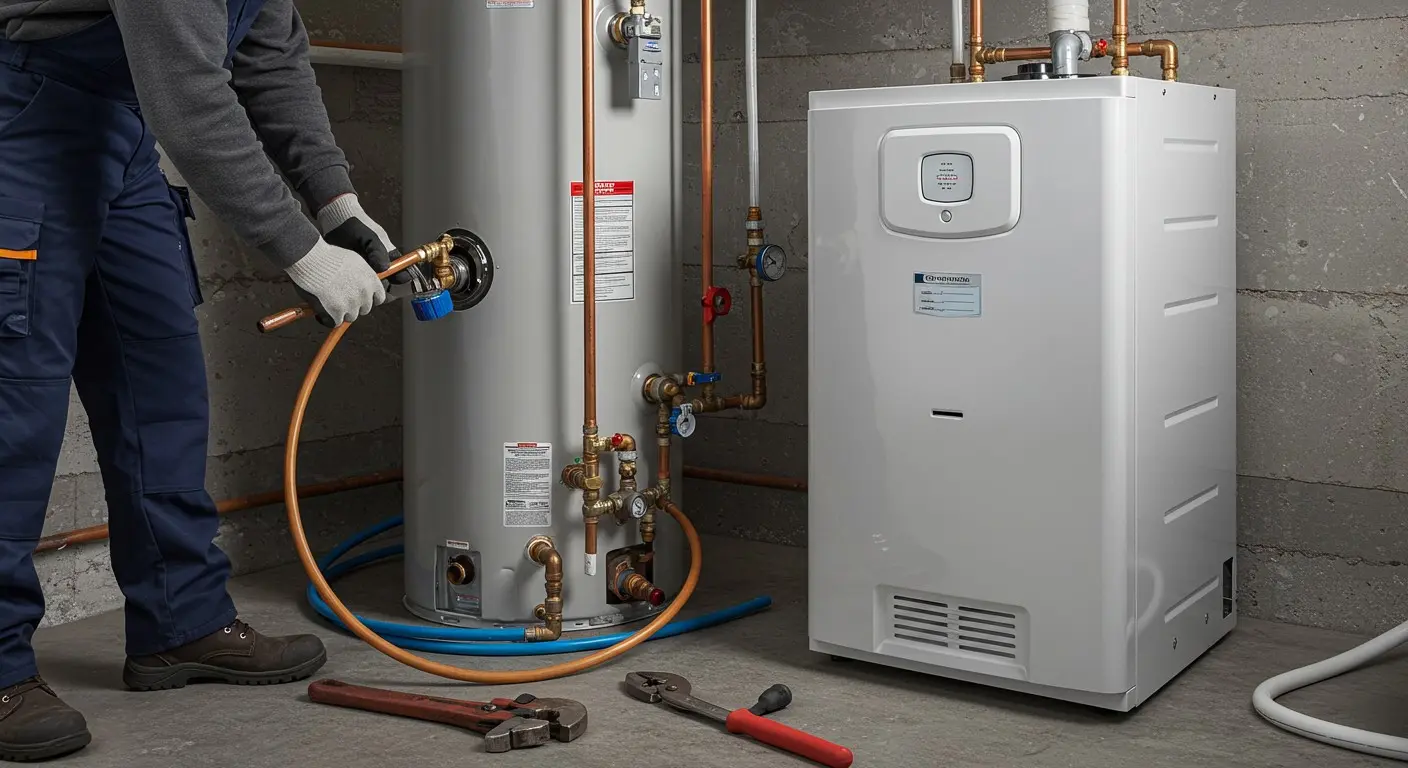 Technician connecting pipes to water heater.