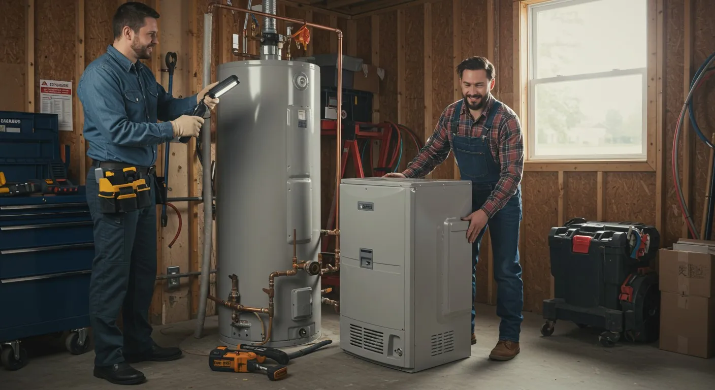 Two technicians installing new HVAC equipment.