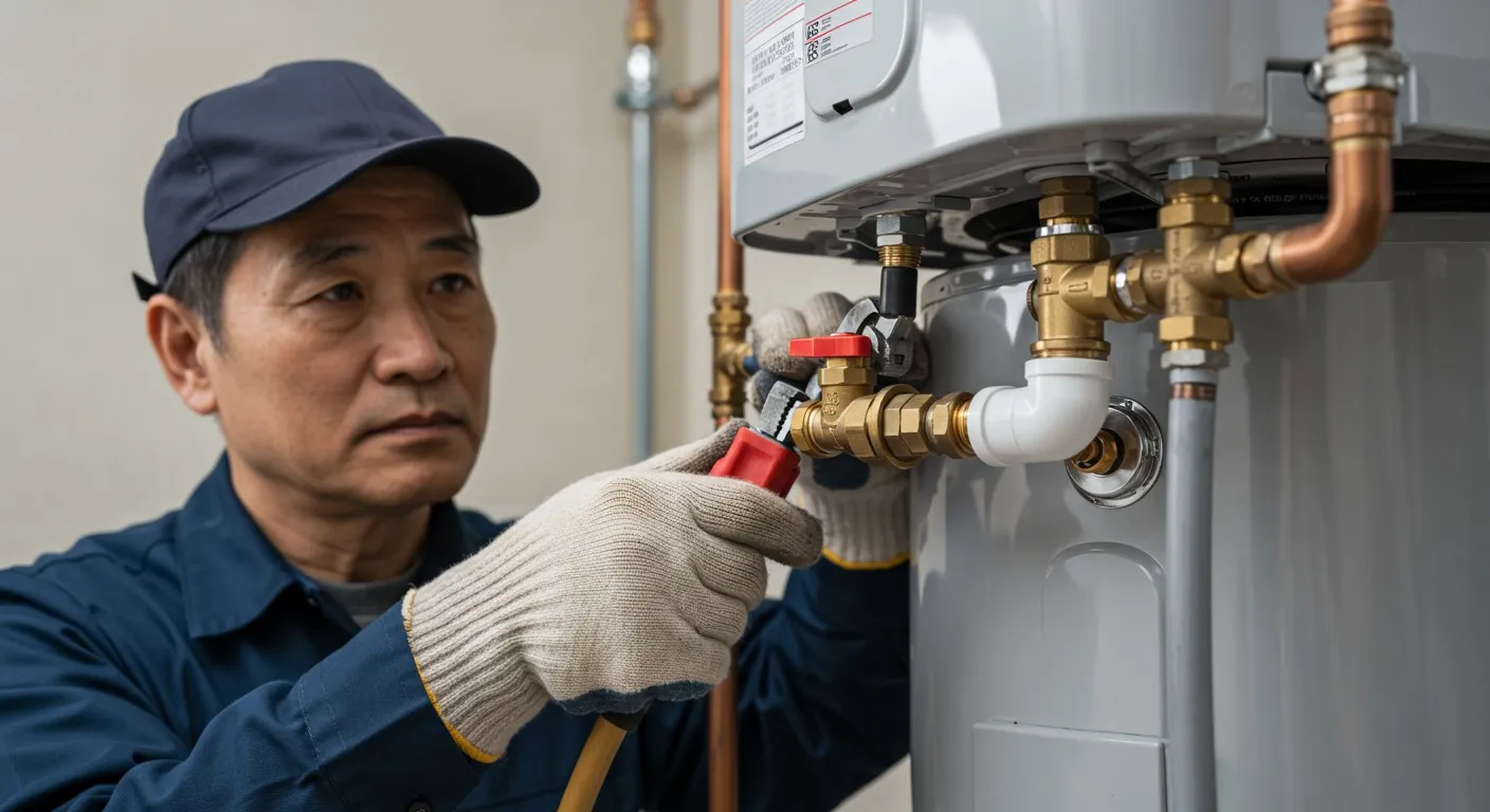 Plumber tightening water heater pipe fitting.