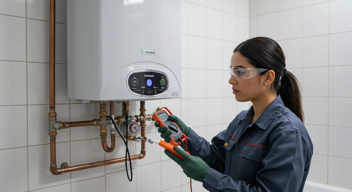Technician testing tankless water heater voltage.