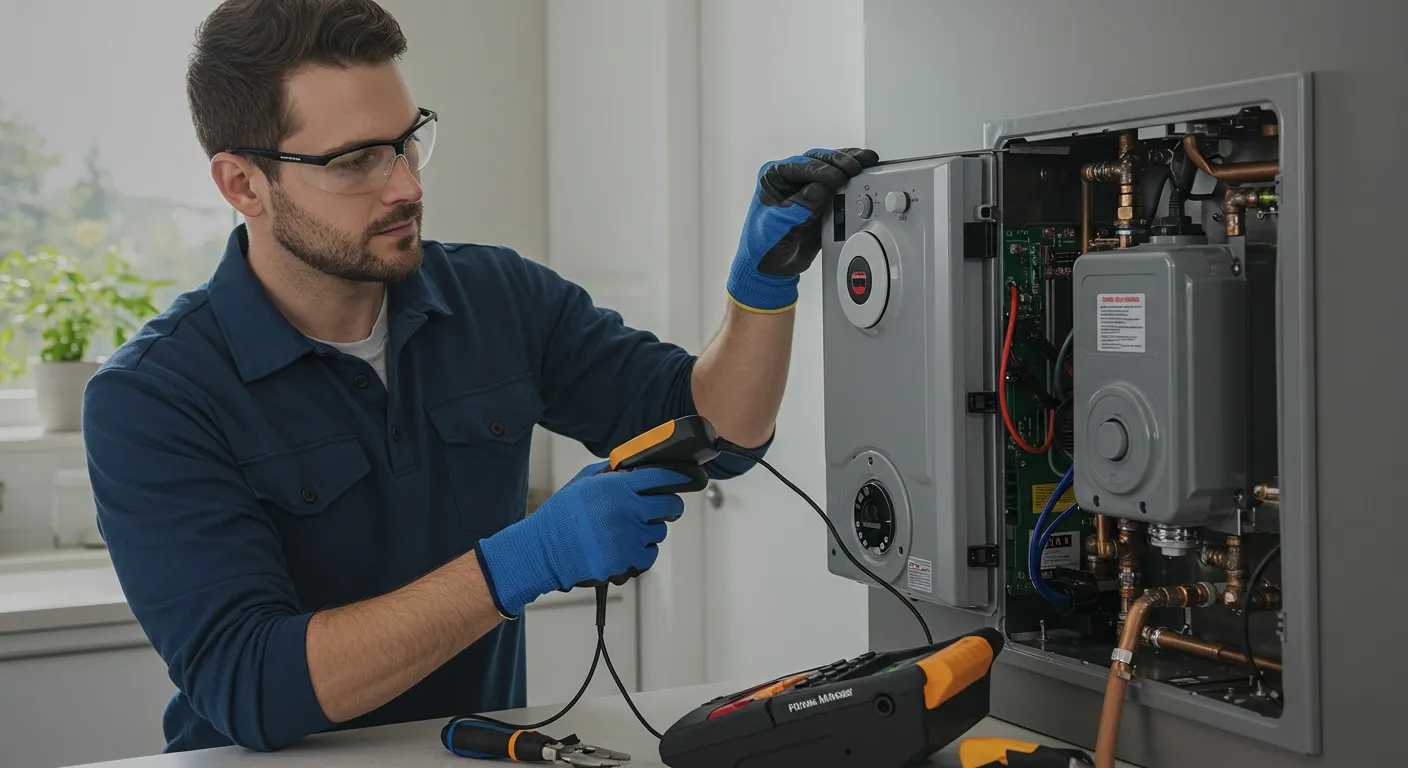 Modern wall-mounted tankless water heater.