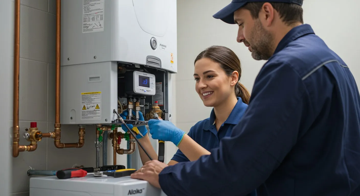 Two technicians repairing wall-mounted water heater.