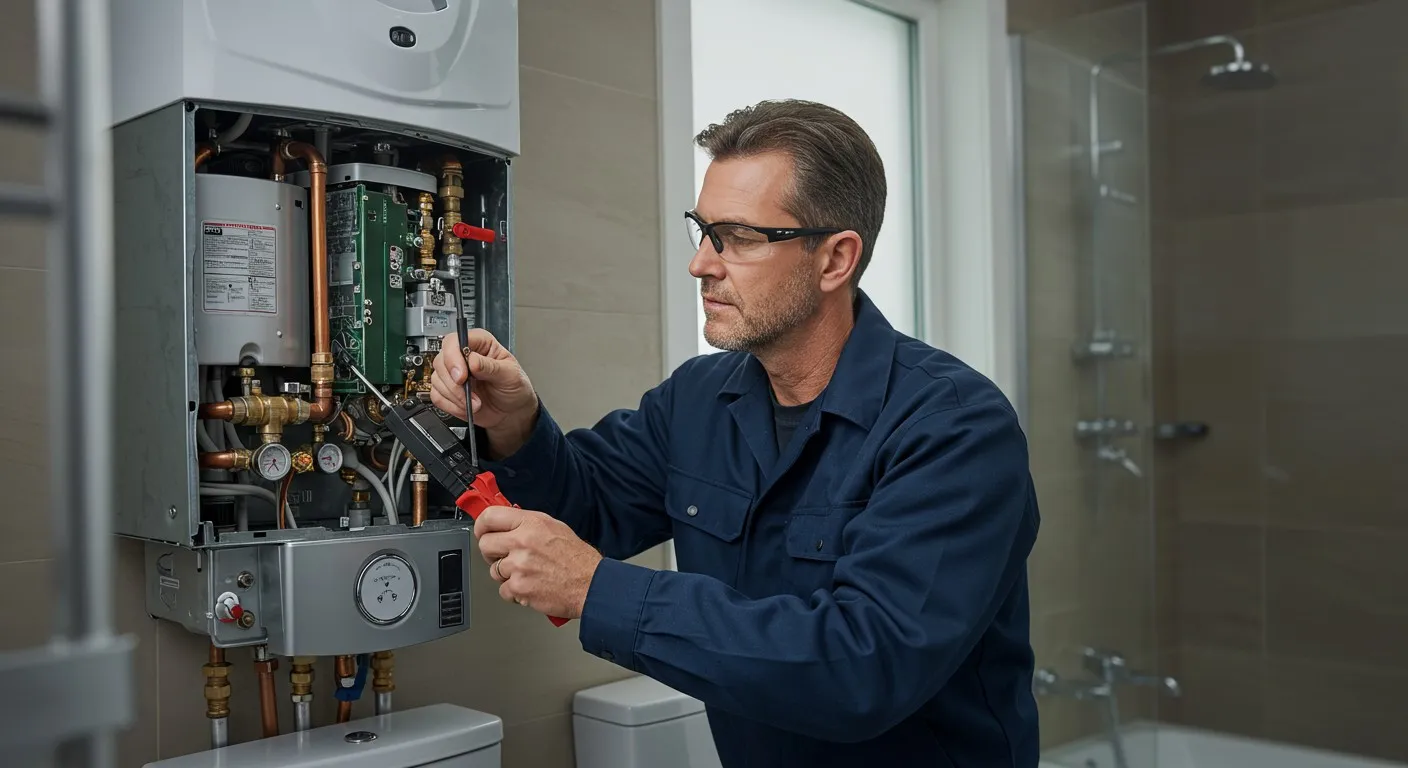 Technician testing wall-mounted tankless water heater.