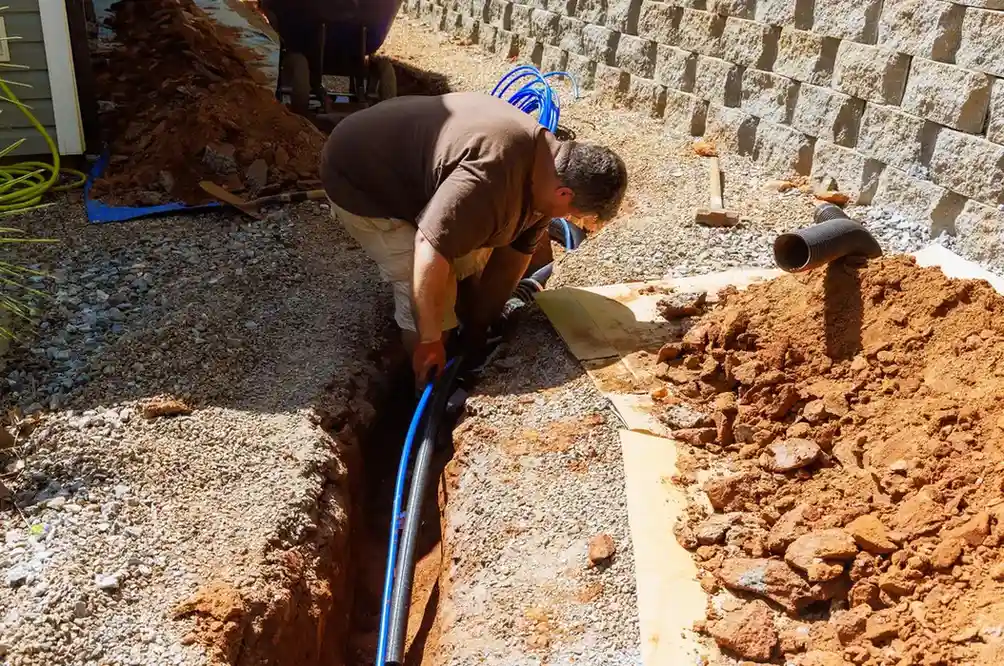 A worker laying blue flexible piping into a narrow outdoor trench.