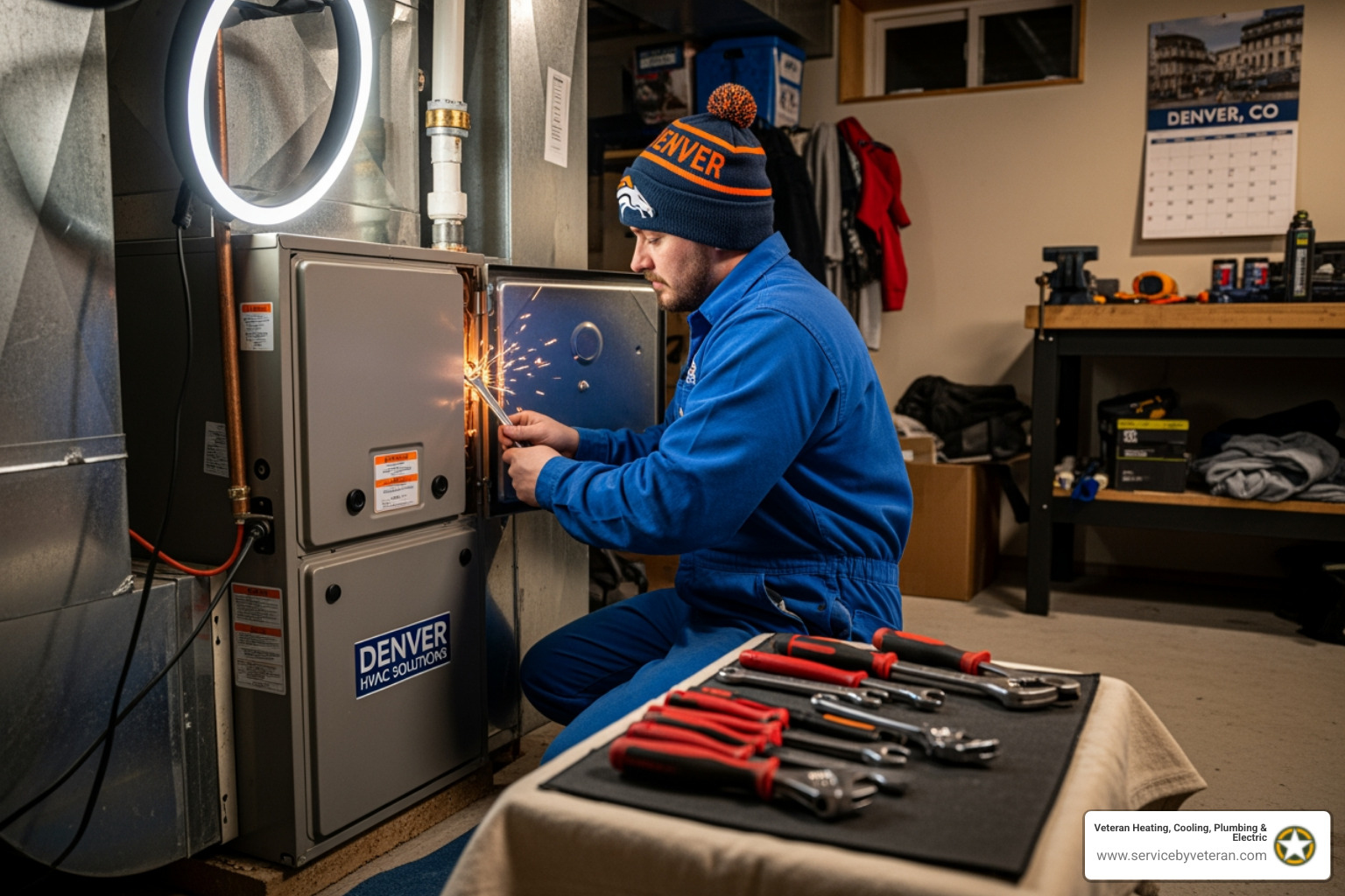 infographic showing five key furnace warning signs including unusual noises with a sound wave icon, inconsistent heating with a thermometer icon, weak airflow with a vent icon, frequent cycling with a circular arrow icon, and yellow pilot light with a flame icon - best furnace repair in denver, co