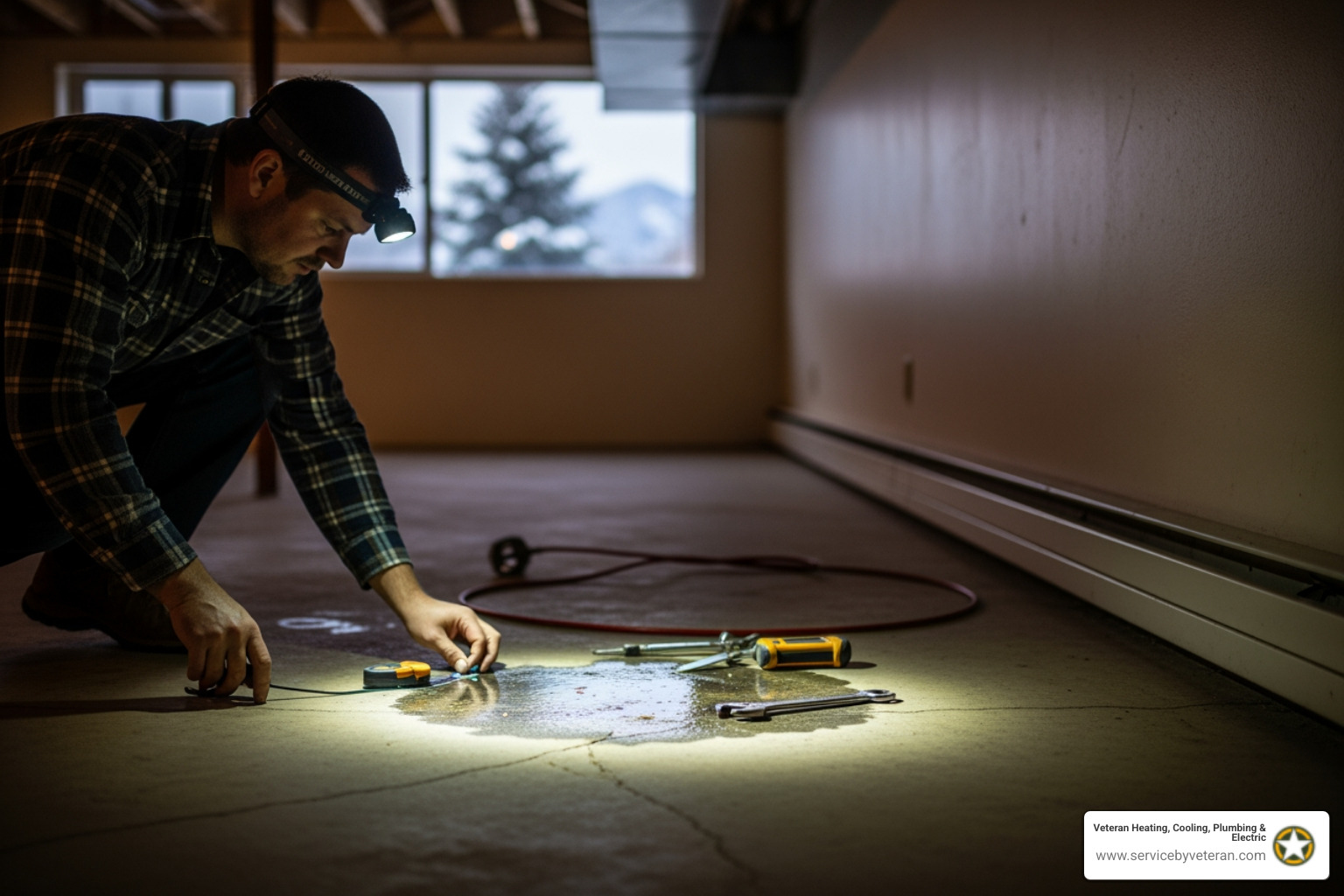 infographic showing cross-section of a home's concrete slab foundation with pipes running underneath, highlighting common leak locations, warning signs like water bills and floor damage, and Denver-specific causes including expansive soil and freeze-thaw cycles - slab leak denver co