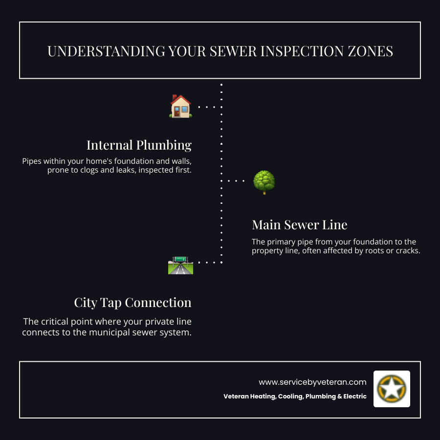 Infographic showing a cutaway view of a house with a sewer line running underground from the home to the street, with a camera on a cable being inserted through an access point and sending video feed to a monitor held by a technician, illustrating the four inspection zones: internal plumbing, transition point, external mainline, and city tap connection - sewer camera inspection denver co infographic infographic-line-3-steps-dark
