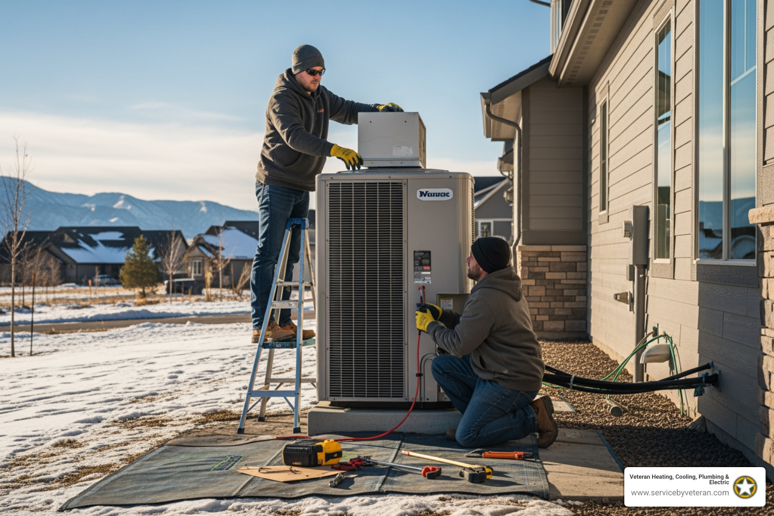 Infographic showing heat pump operation in both heating and cooling modes, with arrows indicating heat transfer from outdoor air to indoor space in winter, and heat removal from indoor to outdoor in summer, along with key benefits including year-round comfort, energy efficiency up to 40% better than traditional systems, dual heating and cooling function, improved indoor air quality, and eligibility for rebates and tax credits - heat pump installation meridian co