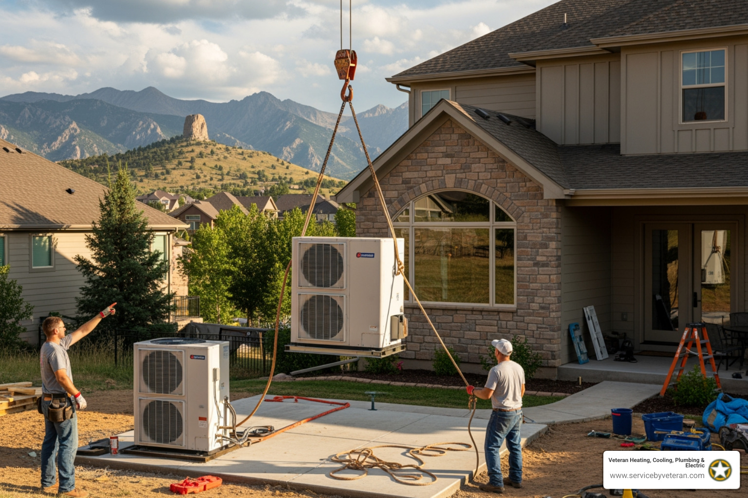 Infographic showing the heat pump replacement process: step 1 - home assessment with load calculation, step 2 - selecting the right system for Lone Tree's climate and altitude, step 3 - professional removal of old equipment and safe refrigerant recovery, step 4 - installation of new indoor and outdoor units with proper electrical and refrigerant connections, step 5 - system startup testing and homeowner education - heat pump replacement lone tree co