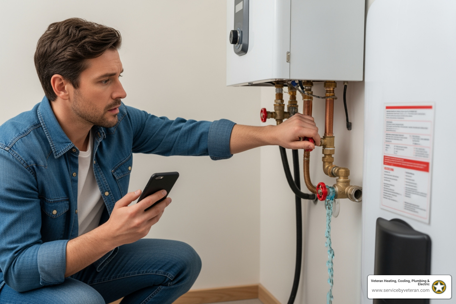 Infographic showing three emergency steps: 1. Shut off water supply at main valve, 2. Cut power at breaker or gas at shutoff valve, 3. Call licensed 24/7 plumber immediately - emergency water heater replacement in aurora, co