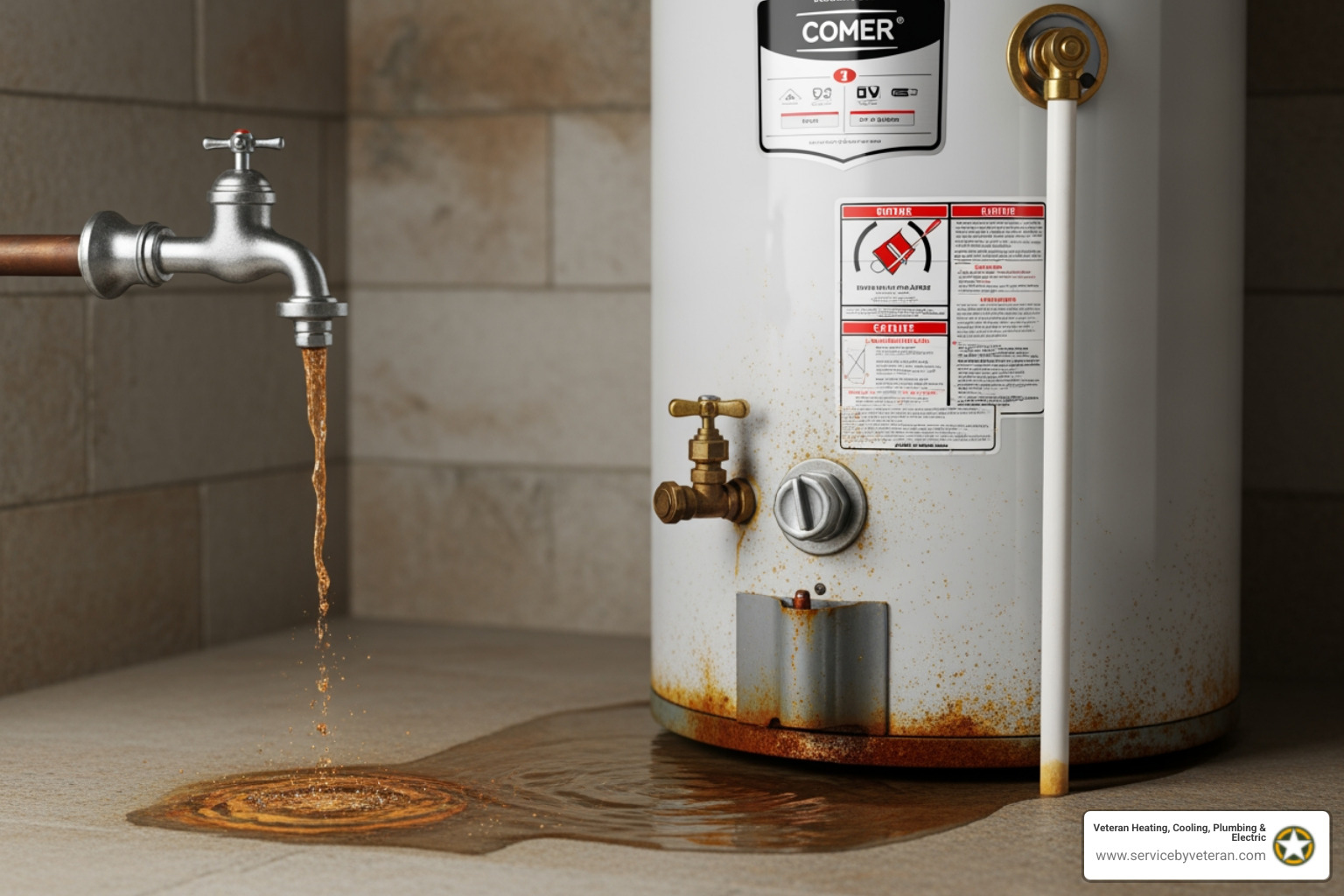 Infographic showing the top 5 warning signs a water heater is failing: no hot water or inconsistent temperatures, rusty or discolored water coming from taps, loud rumbling or banging noises from the tank, visible leaks or puddles around the base, and a unit that is 10 plus years old with frequent repairs - best water heater repair in denver, co