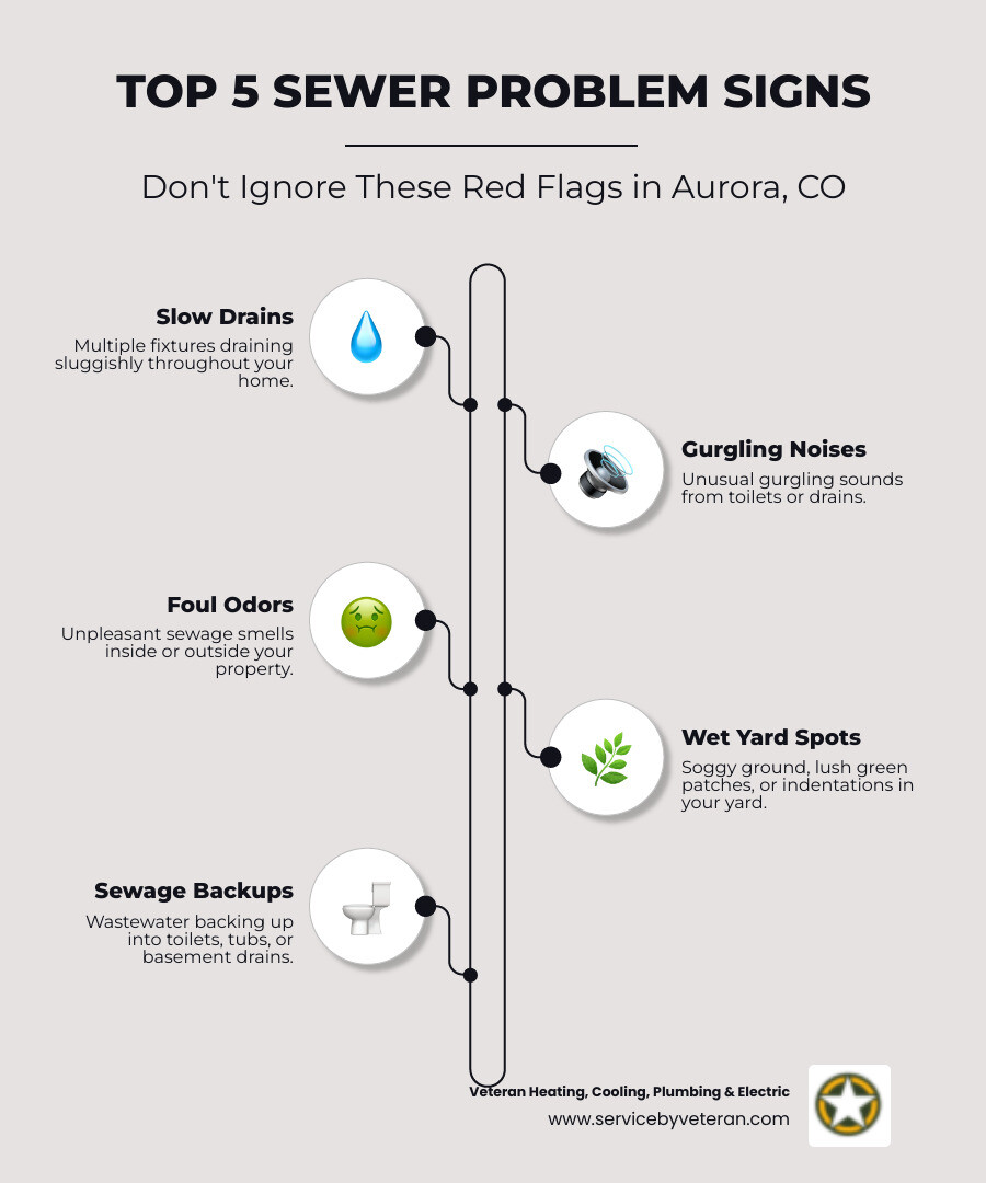 Infographic showing the top 5 warning signs of sewer line problems: 1) Multiple slow drains throughout the home with water backing up, 2) Gurgling sounds coming from toilets and drains, 3) Foul sewage odors inside the home or in the yard, 4) Soggy patches or unusually lush green grass spots in the lawn above the sewer line, 5) Sewage backups in lowest-level drains, toilets, or bathtubs, with icons representing each issue and a central home diagram showing where sewer lines run underground - sewer line repair in aurora, co infographic infographic-line-5-steps-elegant_beige Infographic showing the top 5 warning signs of sewer line problems: 1) Multiple slow drains throughout the home with water backing up, 2) Gurgling sounds coming from toilets and drains, 3) Foul sewage odors inside the home or in the yard, 4) Soggy patches or unusually lush green grass spots in the lawn above the sewer line, 5) Sewage backups in lowest-level drains, toilets, or bathtubs, with icons representing each issue and a central home diagram showing where sewer lines run underground - sewer line repair in aurora, co infographic infographic-line-5-steps-elegant_beige