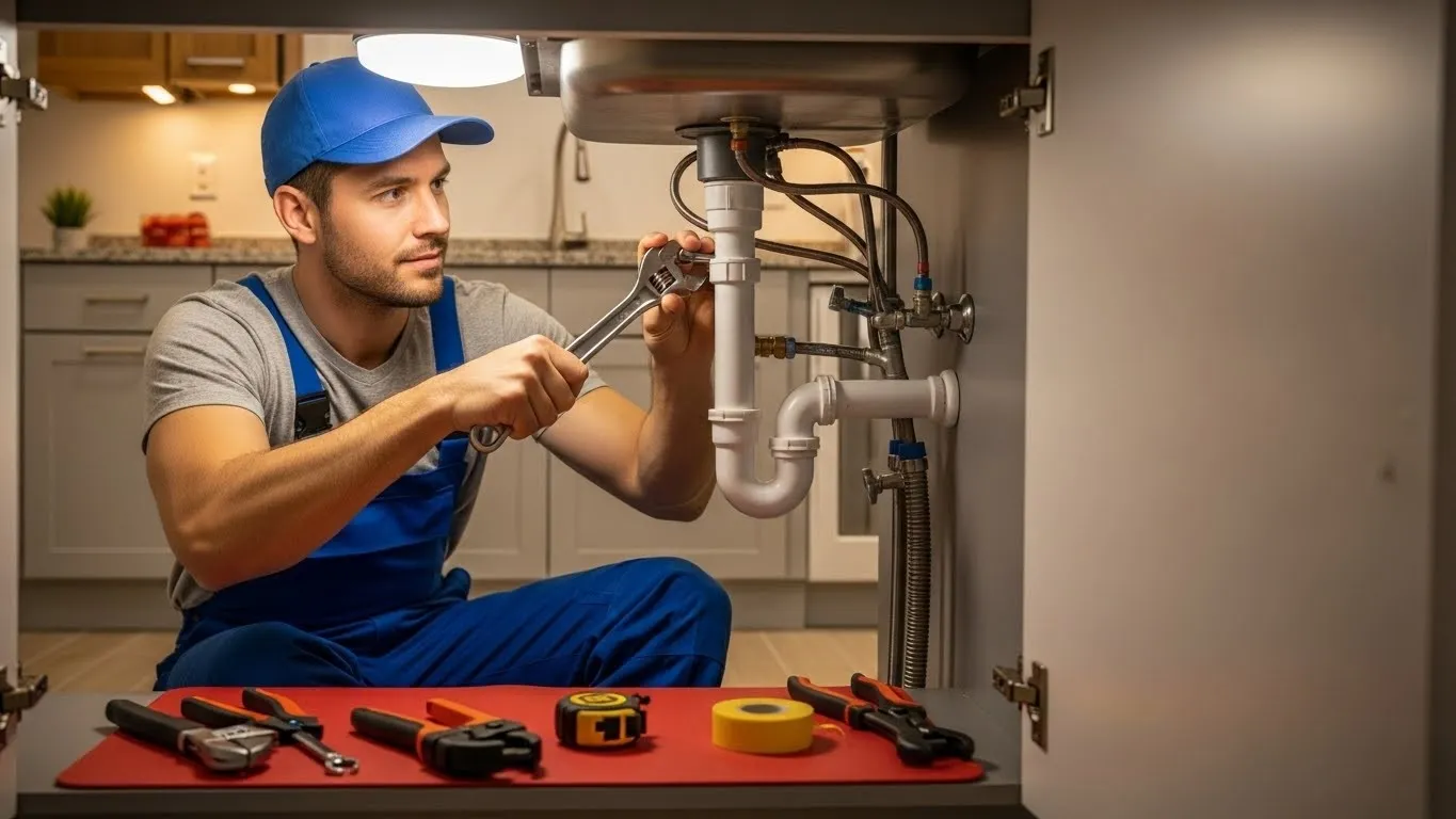 Plomero reparando tuberías debajo del fregadero de la cocina.