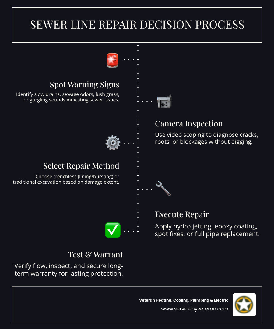 Infographic showing the sewer line repair decision process: signs of problems, inspection and diagnosis, method selection between trenchless and traditional excavation, repair or replacement, testing and inspection, warranty protection - affordable sewer line repair in denver, co infographic infographic-line-5-steps-dark Infographic showing the sewer line repair decision process: signs of problems, inspection and diagnosis, method selection between trenchless and traditional excavation, repair or replacement, testing and inspection, warranty protection - affordable sewer line repair in denver, co infographic infographic-line-5-steps-dark