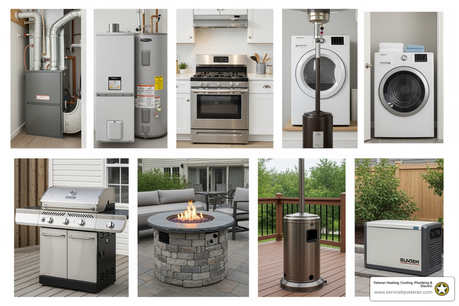 infographic showing common household appliances that use natural gas including furnaces, water heaters, stoves, dryers, outdoor grills, fire pits, patio heaters, and standby generators with safety icons indicating proper installation requirements - gas line installation aurora co infographic showing common household appliances that use natural gas including furnaces, water heaters, stoves, dryers, outdoor grills, fire pits, patio heaters, and standby generators with safety icons indicating proper installation requirements - gas line installation aurora co