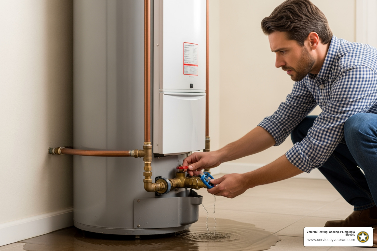 Infographic showing emergency water heater response steps: 1. Shut off water supply valve 2. Turn off power at breaker or gas at valve 3. Clear area around unit 4. Call licensed 24/7 emergency plumber 5. Document damage with photos 6. Do not attempt DIY repairs on gas or electrical connections - emergency water heater installation in denver, co Infographic showing emergency water heater response steps: 1. Shut off water supply valve 2. Turn off power at breaker or gas at valve 3. Clear area around unit 4. Call licensed 24/7 emergency plumber 5. Document damage with photos 6. Do not attempt DIY repairs on gas or electrical connections - emergency water heater installation in denver, co