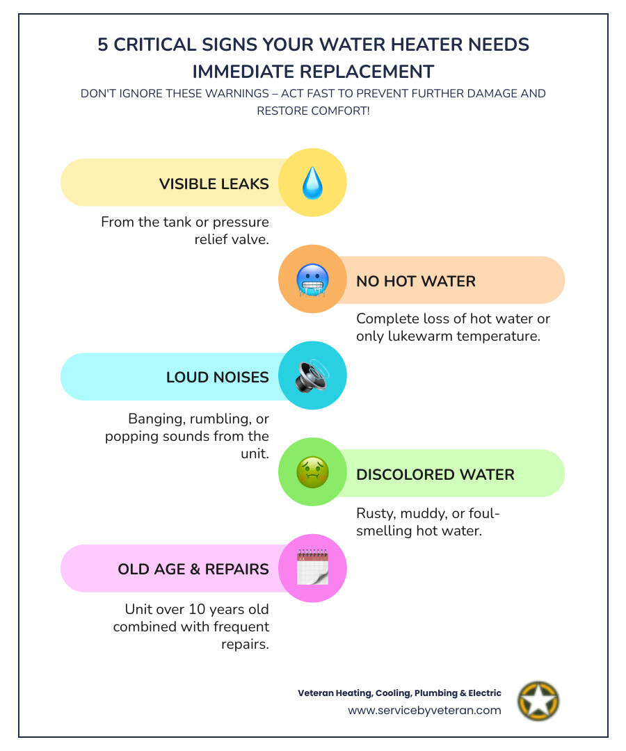 Infographic showing the 5 critical signs your water heater needs immediate replacement: 1) Visible leaking from tank or pressure relief valve, 2) Complete loss of hot water or only lukewarm temperature, 3) Loud banging, rumbling, or popping noises from the unit, 4) Rusty, muddy, or foul-smelling water from hot taps, 5) Unit age over 10 years combined with frequent repairs - 24 hour water heater installation in aurora, co infographic infographic-line-5-steps-colors Infographic showing the 5 critical signs your water heater needs immediate replacement: 1) Visible leaking from tank or pressure relief valve, 2) Complete loss of hot water or only lukewarm temperature, 3) Loud banging, rumbling, or popping noises from the unit, 4) Rusty, muddy, or foul-smelling water from hot taps, 5) Unit age over 10 years combined with frequent repairs - 24 hour water heater installation in aurora, co infographic infographic-line-5-steps-colors