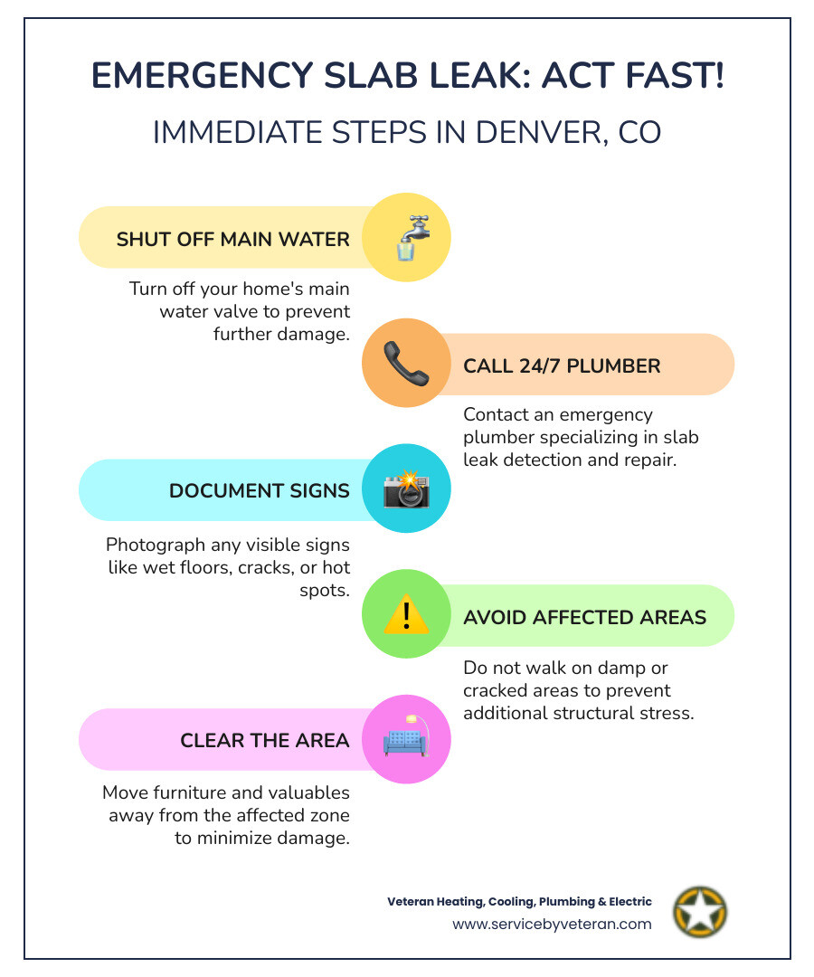 Infographic showing cross-section of a home's slab foundation with labeled water supply lines, sewer lines, concrete slab, soil beneath, and common leak points where pipes enter or exit the foundation, plus warning signs like moisture, cracks, and foundation settling - emergency slab leak in denver, co infographic Infographic showing cross-section of a home's slab foundation with labeled water supply lines, sewer lines, concrete slab, soil beneath, and common leak points where pipes enter or exit the foundation, plus warning signs like moisture, cracks, and foundation settling - emergency slab leak in denver, co infographic