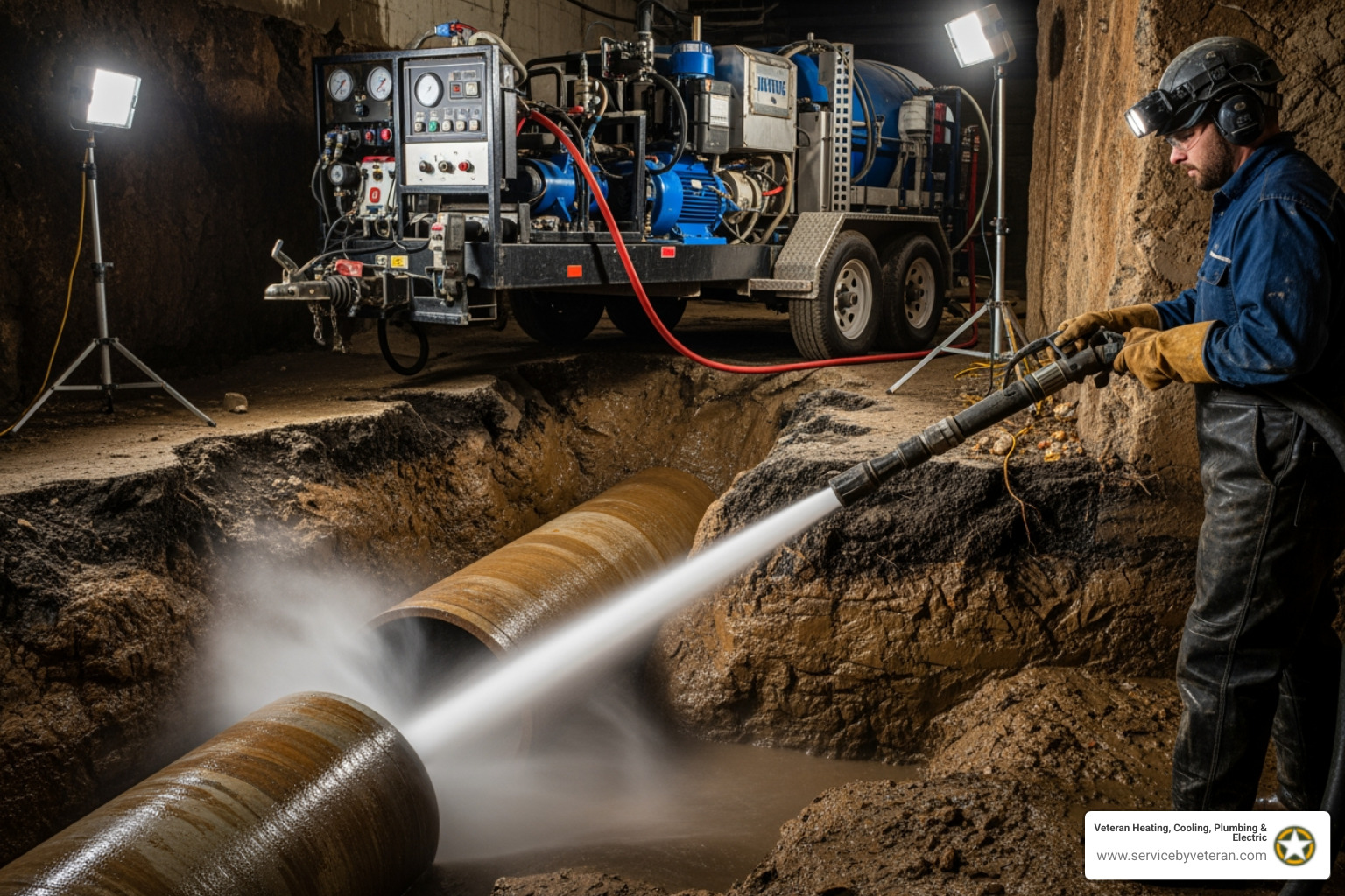 Infographic showing a side-by-side comparison of a clogged pipe with buildup on the walls versus a clean, clear pipe after hydro jetting, with labels indicating grease, roots, and debris removed by high-pressure water - hydro jetting aurora co Infographic showing a side-by-side comparison of a clogged pipe with buildup on the walls versus a clean, clear pipe after hydro jetting, with labels indicating grease, roots, and debris removed by high-pressure water - hydro jetting aurora co