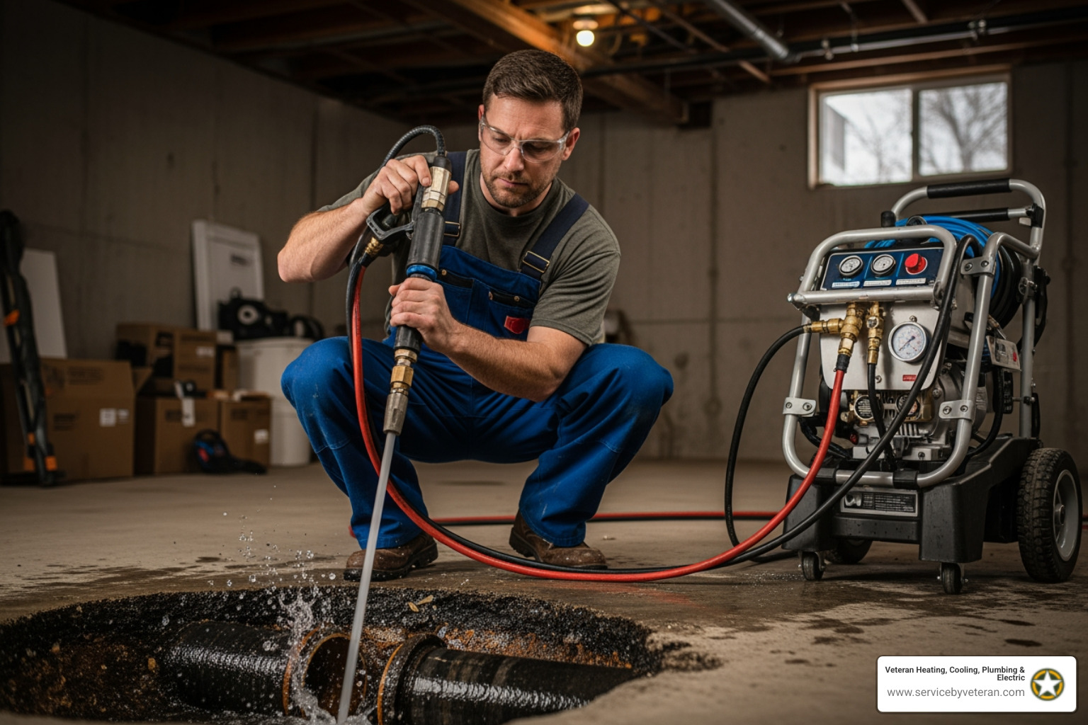 Infographic comparing hydro jetting and drain snaking, showing how hydro jetting uses high-pressure water streams to clean entire pipe walls while drain snaking only creates a hole through the clog, with visual representations of before and after pipe conditions, effectiveness duration, and types of blockages each method can handle - hydro jetting denver co