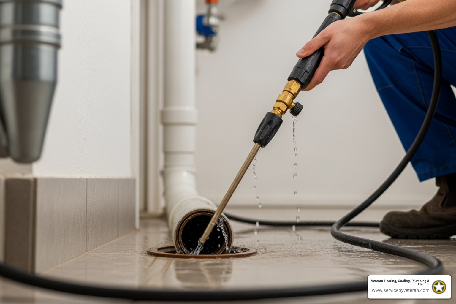 Infographic showing the hydro jetting process: 1) Camera inspection identifies clog location and pipe condition, 2) High-pressure nozzle inserted into drain line, 3) Water jets at 2,500 PSI scour pipe walls clean, 4) Debris flushed completely from system, 5) Final camera check confirms clear flow and restored capacity - 24 hour hydro jetting in aurora, co Infographic showing the hydro jetting process: 1) Camera inspection identifies clog location and pipe condition, 2) High-pressure nozzle inserted into drain line, 3) Water jets at 2,500 PSI scour pipe walls clean, 4) Debris flushed completely from system, 5) Final camera check confirms clear flow and restored capacity - 24 hour hydro jetting in aurora, co