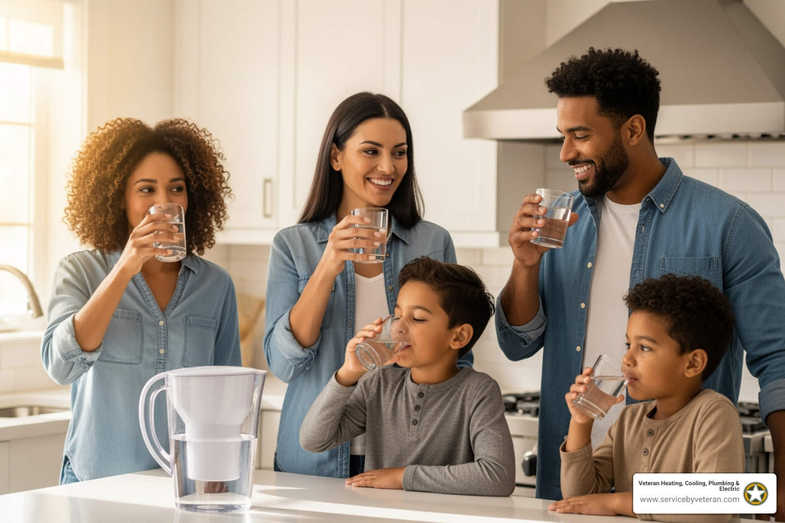 family drinking filtered water in kitchen - home water filtration in aurora, co family drinking filtered water in kitchen - home water filtration in aurora, co