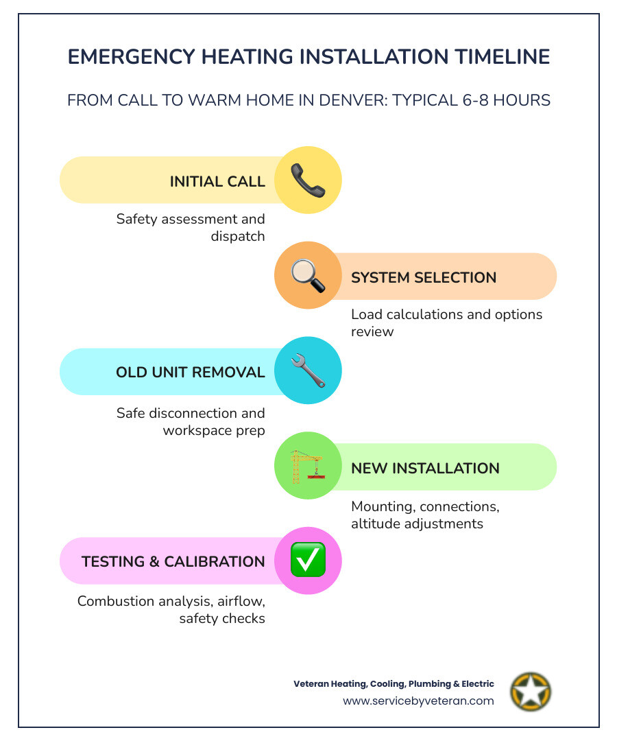 Infographic showing emergency heating installation timeline: Initial call and safety assessment within 1 hour, system selection and load calculations within 2 hours, old system removal and new installation within 4-6 hours, testing and calibration for Denver altitude within 1 hour, with total time from call to warm home typically 6-8 hours for same-day service - emergency heating installation in denver, co infographic infographic-line-5-steps-colors