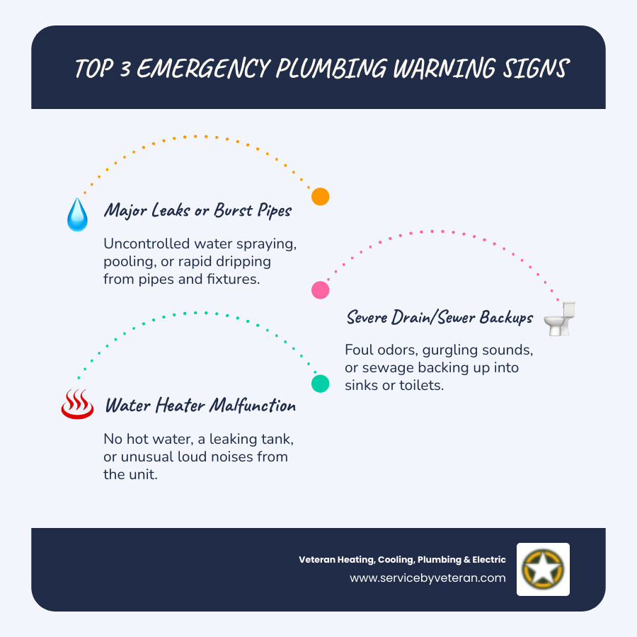 Infographic showing three emergency plumbing warning signs: water pooling or spraying from pipes indicating burst pipes or major leaks; sewage odor or backed-up drains signaling sewer line problems; and no hot water combined with strange noises or leaking tanks pointing to water heater failure - emergency plumbing greenwood village co infographic infographic-line-3-steps-blues-accent_colors