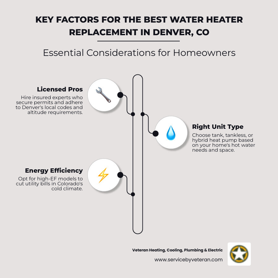 Infographic showing key factors for choosing the best water heater replacement in Denver CO - best water heater replacement Infographic showing key factors for choosing the best water heater replacement in Denver CO - best water heater replacement