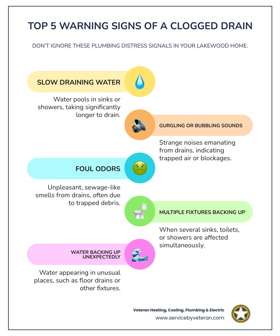 Infographic showing the top 5 warning signs of a clogged drain: slow draining water pooling in fixtures, gurgling or bubbling sounds from pipes, foul sewage odors coming from drains, multiple fixtures backing up at the same time, and water appearing in unexpected places like floor drains - clogged drain lakewood co infographic infographic-line-5-steps-colors Infographic showing the top 5 warning signs of a clogged drain: slow draining water pooling in fixtures, gurgling or bubbling sounds from pipes, foul sewage odors coming from drains, multiple fixtures backing up at the same time, and water appearing in unexpected places like floor drains - clogged drain lakewood co infographic infographic-line-5-steps-colors