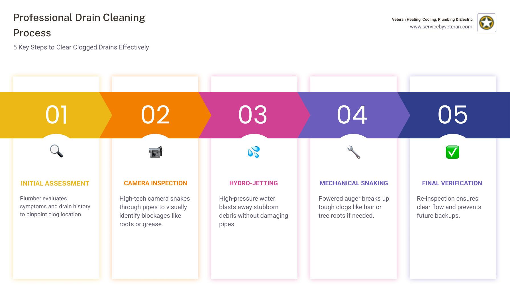 Infographic showing the professional drain cleaning process steps from diagnosis to hydro-jetting to camera inspection