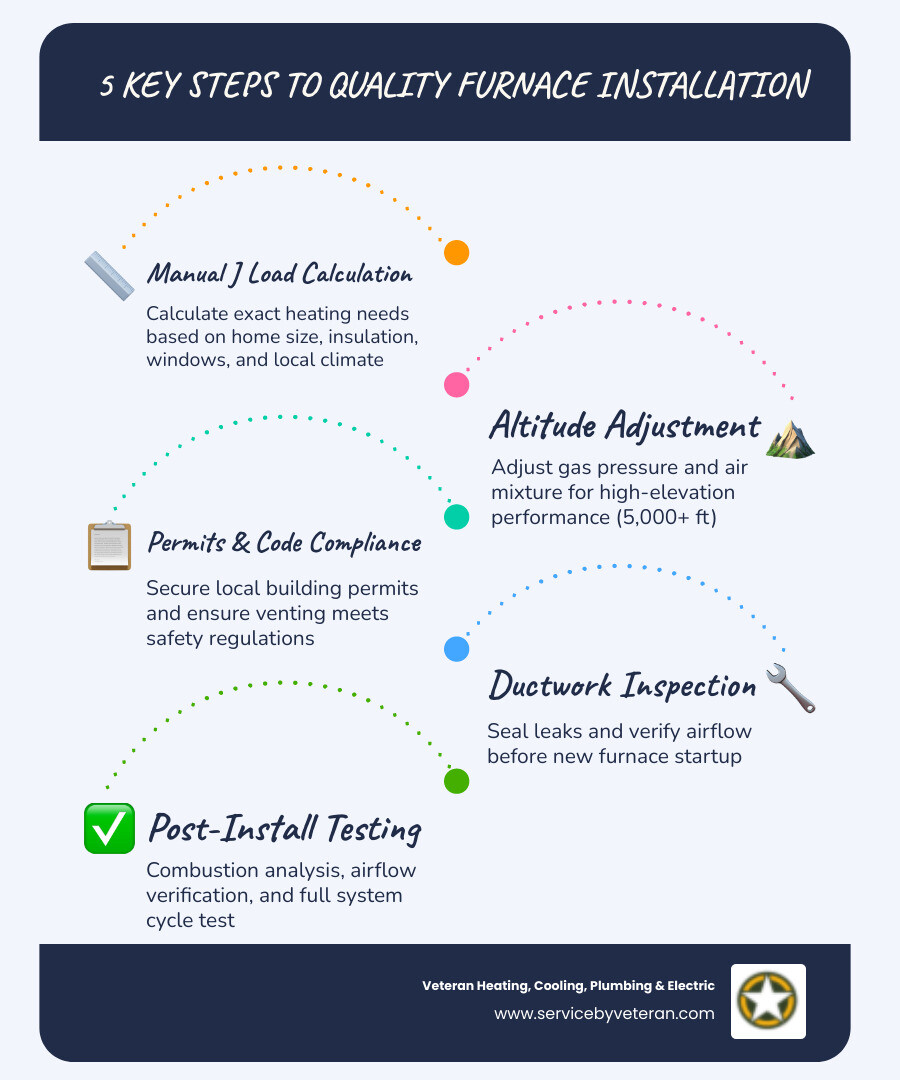 Infographic showing 7 key steps to quality furnace installation in Greenwood Village CO including load calc, altitude
