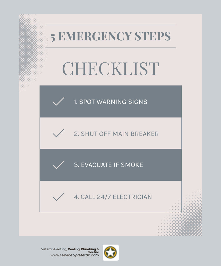 Infographic showing 5 emergency electrical panel steps: spot warning signs, shut off main breaker, evacuate if smoke, call