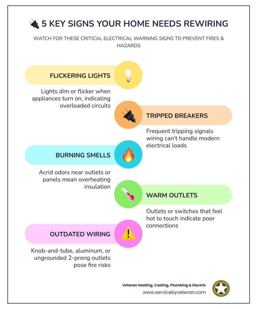 Infographic showing 10 warning signs your home needs rewiring including flickering lights, burning smells, and outdated
