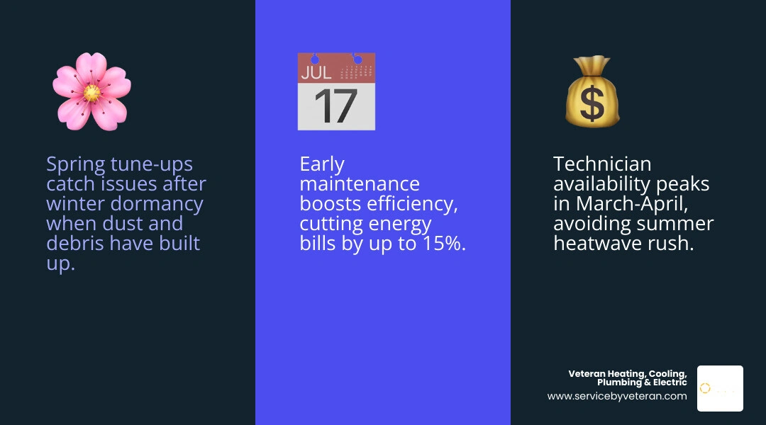 Infographic showing best time of year to schedule AC tune up with spring benefits and seasonal timeline - best time of year Infographic showing best time of year to schedule AC tune up with spring benefits and seasonal timeline - best time of year