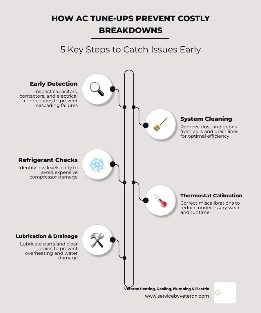 Infographic showing how AC tune-up components prevent costly breakdowns: early detection, cleaning, refrigerant, calibration