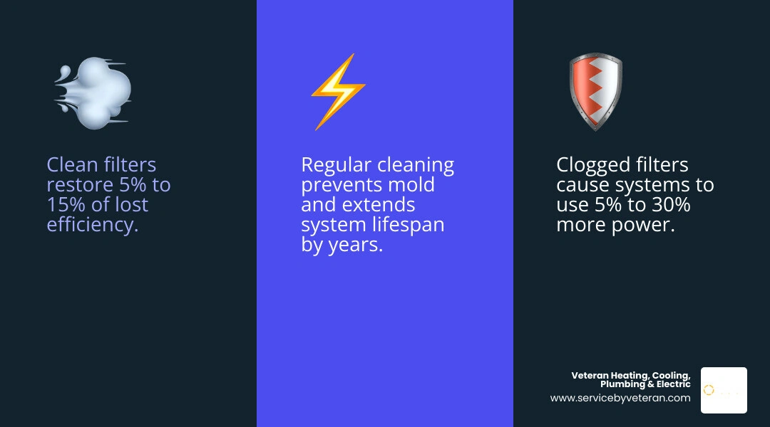 Step-by-step infographic showing mini split filter cleaning frequency benefits energy savings and mold prevention - how to