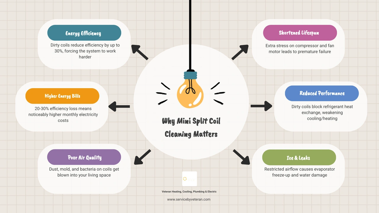 infographic showing why mini split coil cleaning matters: efficiency loss, air quality, energy bills, lifespan - mini split